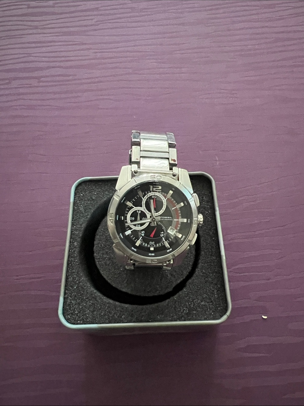 Fossil Silver Stainless Steel Men’s Watch with Black Dial